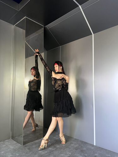 crystal拉丁练功练习训练舞服上衣蕾纱抹胸两穿设计拖尾鱼裙黑色