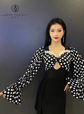 ASL摩登舞服黑白色波点胸前白花边喇叭袖圆领摩登长袖练功训练服