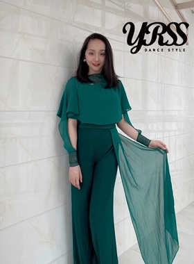 YRSS摩登舞服练功练习训练服舞蹈上衣长袖蕾丝飘纱长裙绿色定制款