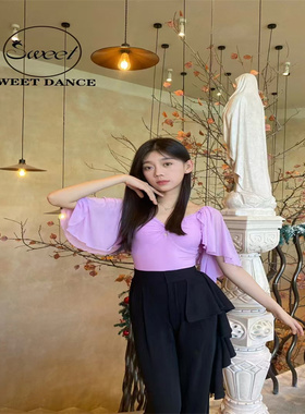 Sweet Dance摩登上衣短袖训练练习练功服紫色小V领大露背