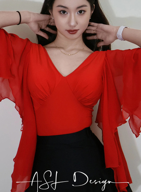 ASL摩登舞服V领飘袖长袖上衣连体练功练习训练服胸垫红色可改色