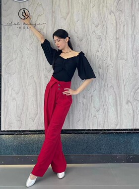 ASL摩登舞服练功练习服黑色泡泡中袖上衣连体带胸垫酒色折叠腰裤