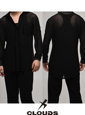 Clouds.X拉丁舞服网纱衬衫上衣黑色咖色训练练功练习服长袖男