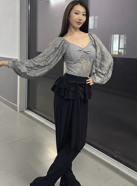 ASL国标摩登舞服灰色蕾丝泡泡长袖上衣黑色长裤练功练习训练服