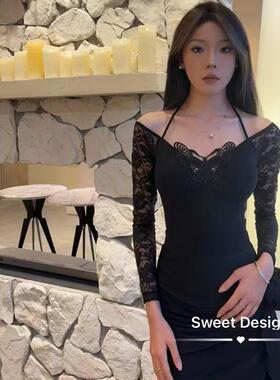 Sweet Dance摩登蕾丝挂脖长袖上衣露背包臀半身练功练习训练服黑