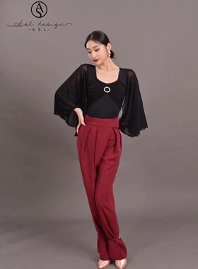 ASL摩登舞服练功练习服黑色大飘袖上衣连体带胸垫酒色魔术贴长裤