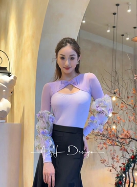 ASL国标摩登舞服练功练习训练服蝴蝶结泡泡袖紫色兰上衣胸垫连体