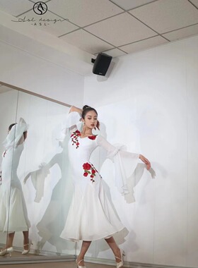 ASL国标摩登舞服练功练习表演服连衣裙白色带胸垫玫瑰花飘袖成人