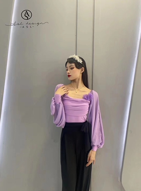 ASL国标摩登舞服上衣方领袖练功练习训练服胸垫连体胸前紫色小花