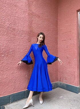 ASL国标摩登舞服练功练习表演比赛服连衣裙蓝色带胸垫蕾丝艺考