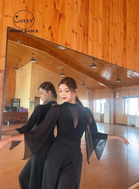 Sweet Dance摩登新品黑色v领 透明网纱飘袖上衣黑色多片摩登裤