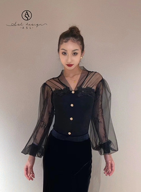 ASL国标摩登舞服上衣黑色蕾丝泡泡长袖练功练习训练服胸垫连刺绣