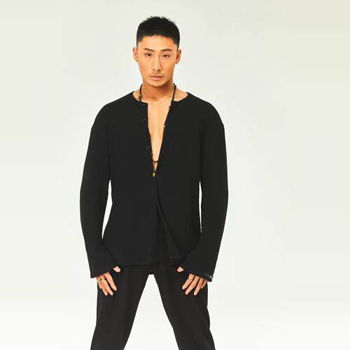 TDANCE拉丁舞男士圆领衬衣短袖衬衣撞色设计感练功练习训练服黑色