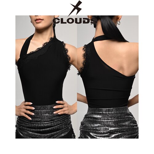 Clouds.X拉丁舞服斜肩蕾丝褶皱上衣连体胸垫练习练功训练黑咖豹纹