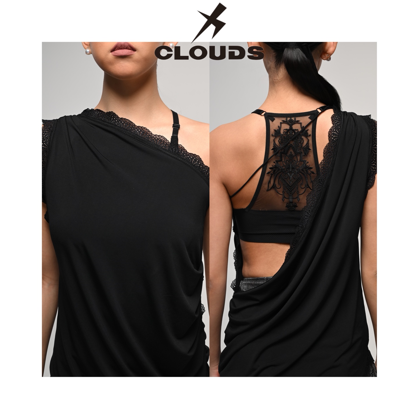 Clouds.X拉丁舞服斜肩蕾丝上衣胸垫练习练功训练黑色豹纹