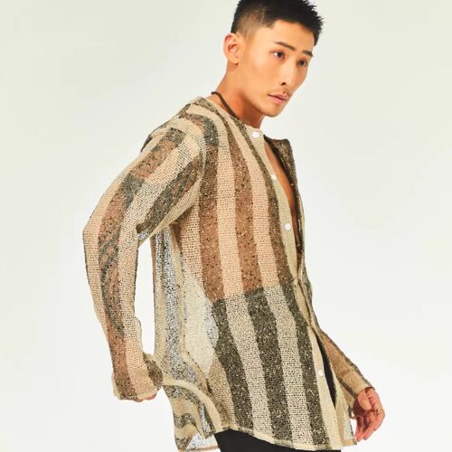 TDANCE拉丁舞男士镂空条纹长袖衬衣撞色设计感练功练习训练服