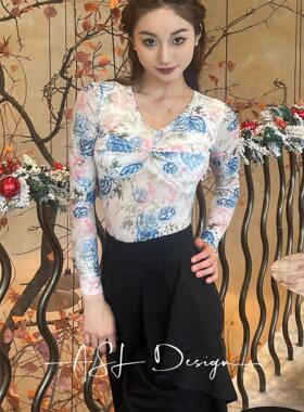 ASL摩登舞服V领蓝色玫瑰花色长袖上衣连体练功练习训练服胸垫