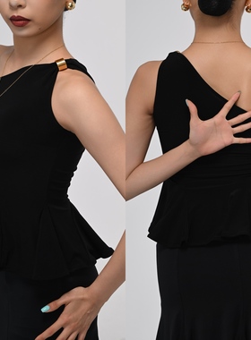 Clouds.X拉丁舞服斜肩鱼尾摆黑色上衣胸垫练习练功训练