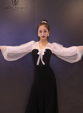 ASL国标摩登舞服 连体上衣 练功练习训练服 胸垫  长袖雪纺蕾丝网