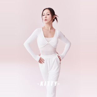 kitty拉丁舞纽结假两件长袖上衣松紧运动长裤练功训练习服黑灰白