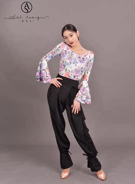 ASL新品摩登裤舞服摩登练习裤练功服下装裤子高腰黑色荷叶魔术贴
