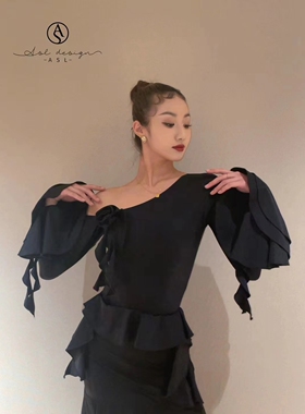 ASL国标摩登舞服上衣黑色斜肩喇叭袖玫瑰练功练习训练服胸垫连体