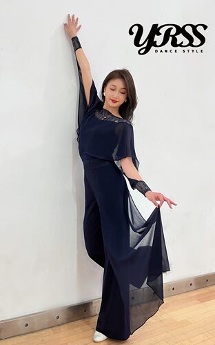 YRSS摩登舞服练功练习训练服舞蹈上衣长袖蕾丝飘纱长裙藏蓝色