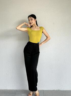 CLW拉丁舞服无袖方领黄色上衣拉丁长裤黑色练习练功训练服