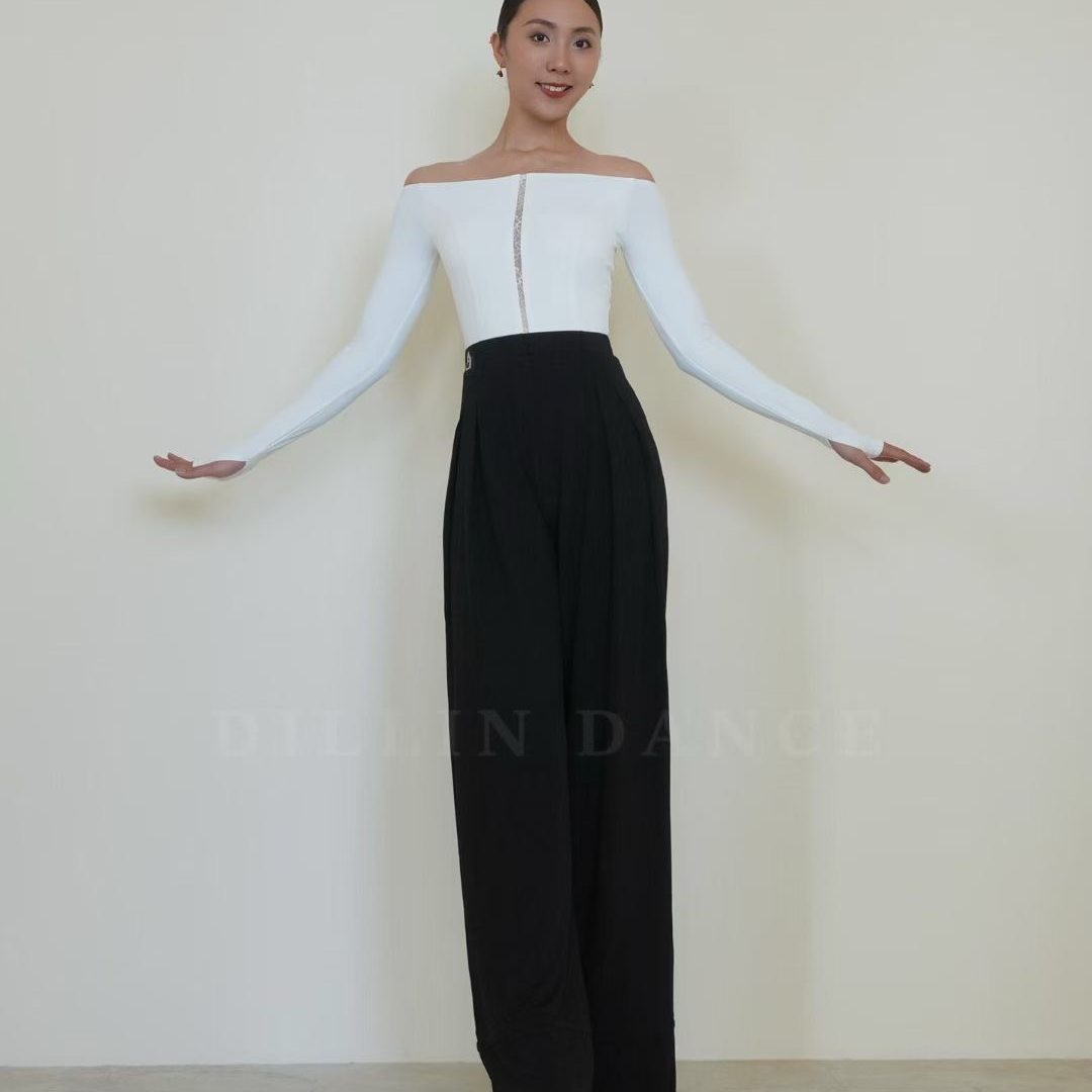 dillin迪林摩登练习练功训练舞服复古蕾丝拼接一字肩连上衣黑白灰