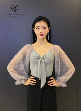 ASL摩登舞服灯笼网纱长袖胸前绑带灰色V领上衣练功练习训练服胸垫