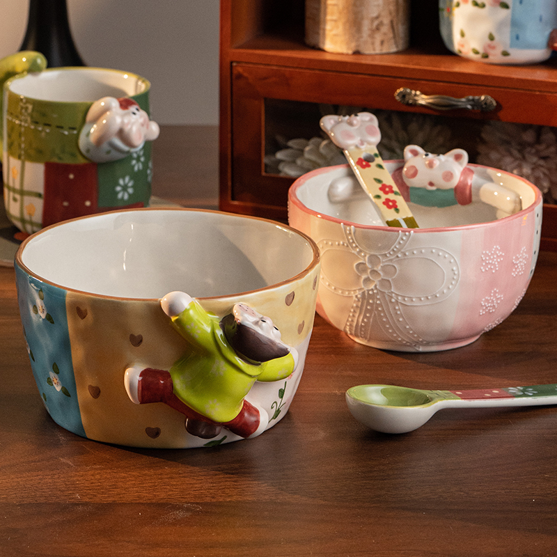 sisin诗心 手绘米饭碗家用陶瓷沙拉碗面碗高颜值设计感卡通吃饭碗