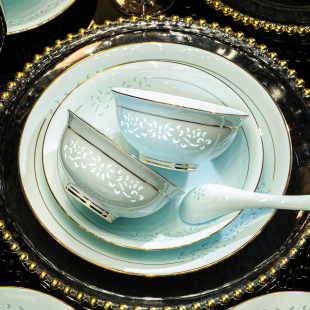 sisin诗心 景德镇碗碟套装家用金玉芙蓉餐具套装陶瓷玲珑瓷碗盘子