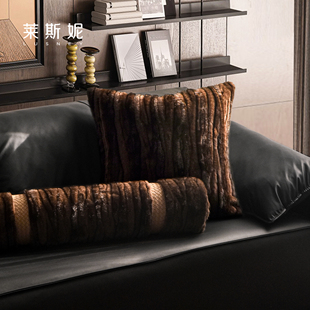 法意式轻奢高端样板间黑棕色仿貂毛保暖沙发客厅抱枕卧室腰枕靠垫