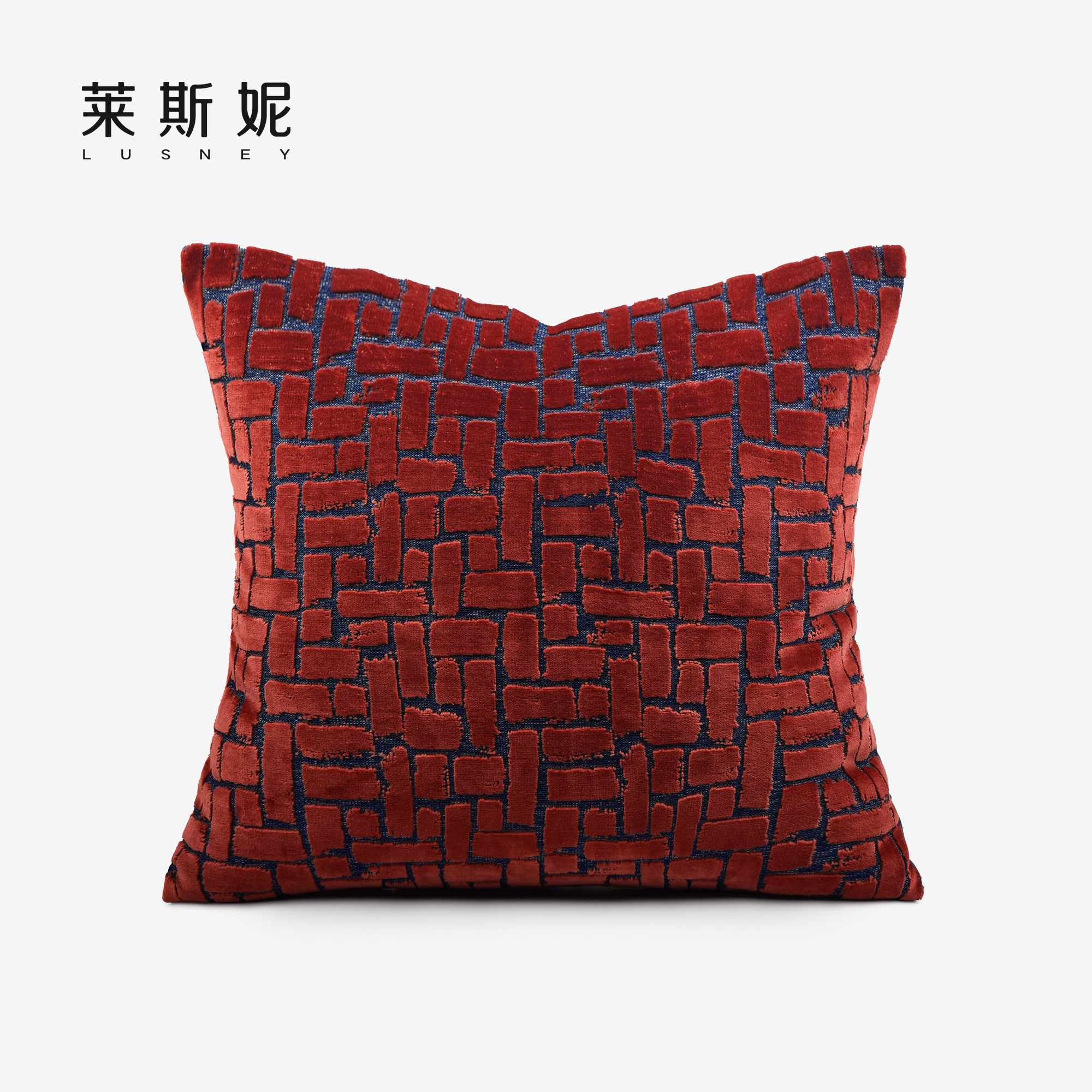 高级感沙发抱枕高档样板间客厅靠垫割绒红色几何抽象床上方形枕头