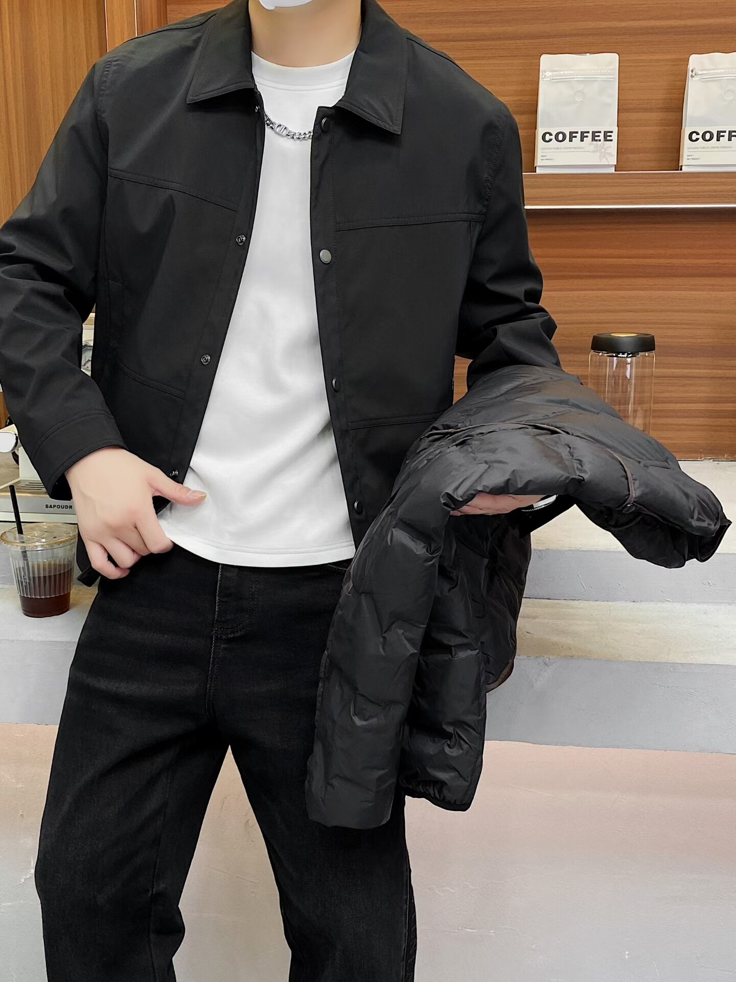 高端痞帅翻领外套男秋冬男装上衣黑色百搭三穿可脱缷内胆羽绒服男