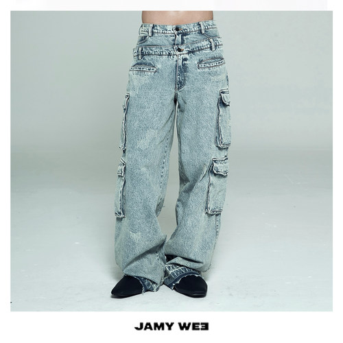 JW原创双层腰多兜直筒牛仔裤