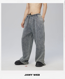 JAMY WEE原创设计情侣款宽松直筒廓形松紧做旧水洗编织牛仔休闲裤