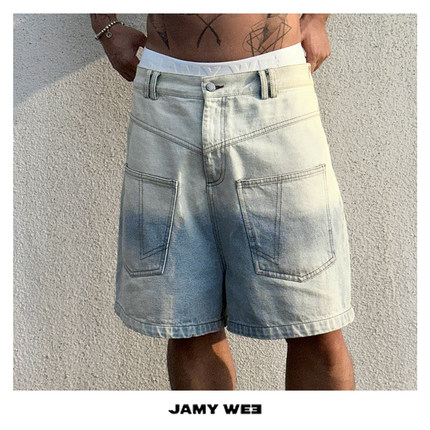 JAMY WEE原创设计 前后反做 水洗做旧裤腰可调节中长牛仔短裤