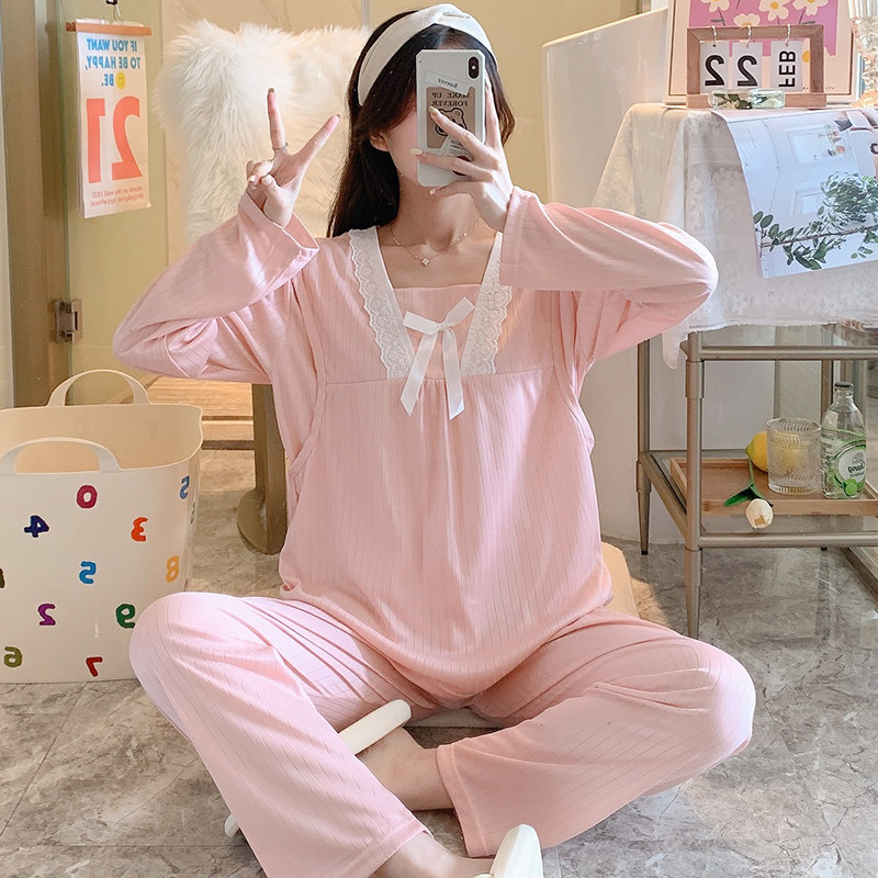 산후 의류 봄 가을 여름 얇은 산후 순면 긴팔 출산 잠옷 여성 모유 수유 여름 투피스 양복 스퀘어 칼라