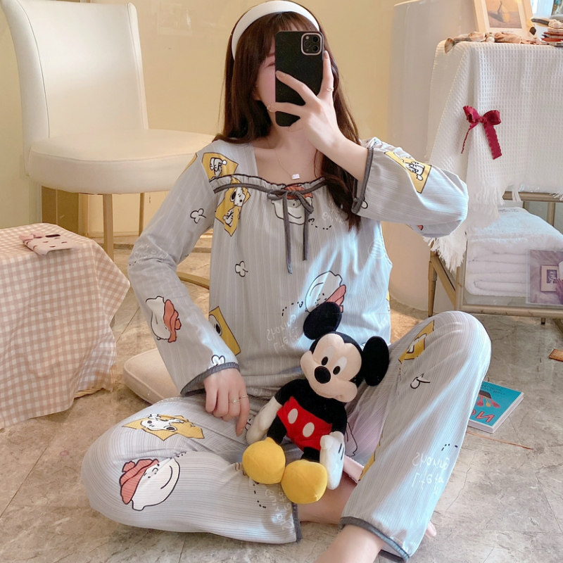 출산 잠옷 여성 봄 가을 감금 옷 여름 산후 순면 긴팔 얇은 스타일 수유 투피스 세트 핑크