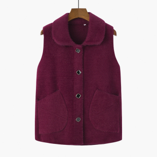 中年妈妈装 翻领马褂外穿针织外套 纯色仿水貂毛秋冬马甲中老年女装