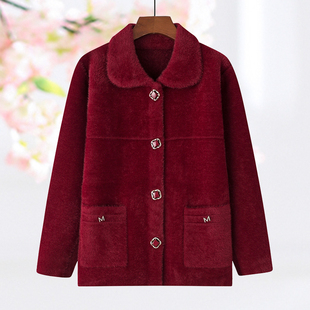 百搭针织上衣奶奶衣服 外套中老年女装 妈妈冬季 仿貂毛纯色加厚开衫