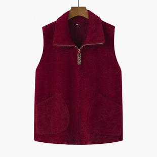 中老年妈妈纯色拉链翻领仿貂毛马甲中年女装 外穿背心 宽松秋冬新款