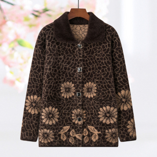 加厚保暖针织花色方领上衣妈妈装 冬季 仿貂毛外套奶奶装 中老年女装