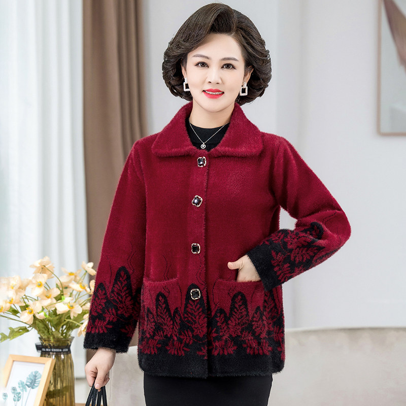 妈妈装秋冬仿貂毛宽松开衫外套