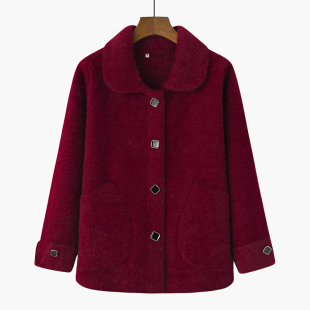 宽松单排扣大码 中年妈妈装 中老年女装 纯色仿貂毛开衫 上衣 秋冬新款