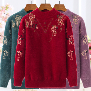 宽松型套头针织打底衫 毛衣中老年女装 半高领仿貂毛花朵冬季 妈妈装