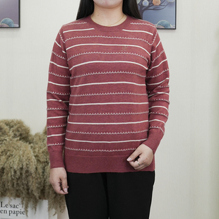 奶奶上衣 宽松镶钻打底衫 2025年中年女装 圆领套头条纹毛线衣妈妈装