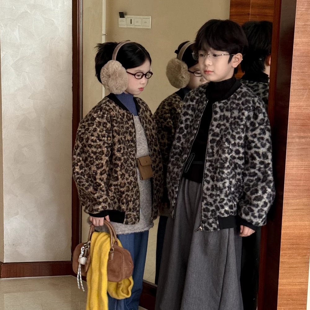 TOTObaby秋冬新款男女童韩版复古豹纹外套儿童加厚呢子夹克上衣
