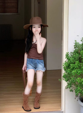 女童度假挂脖抹胸吊带荷叶边背心